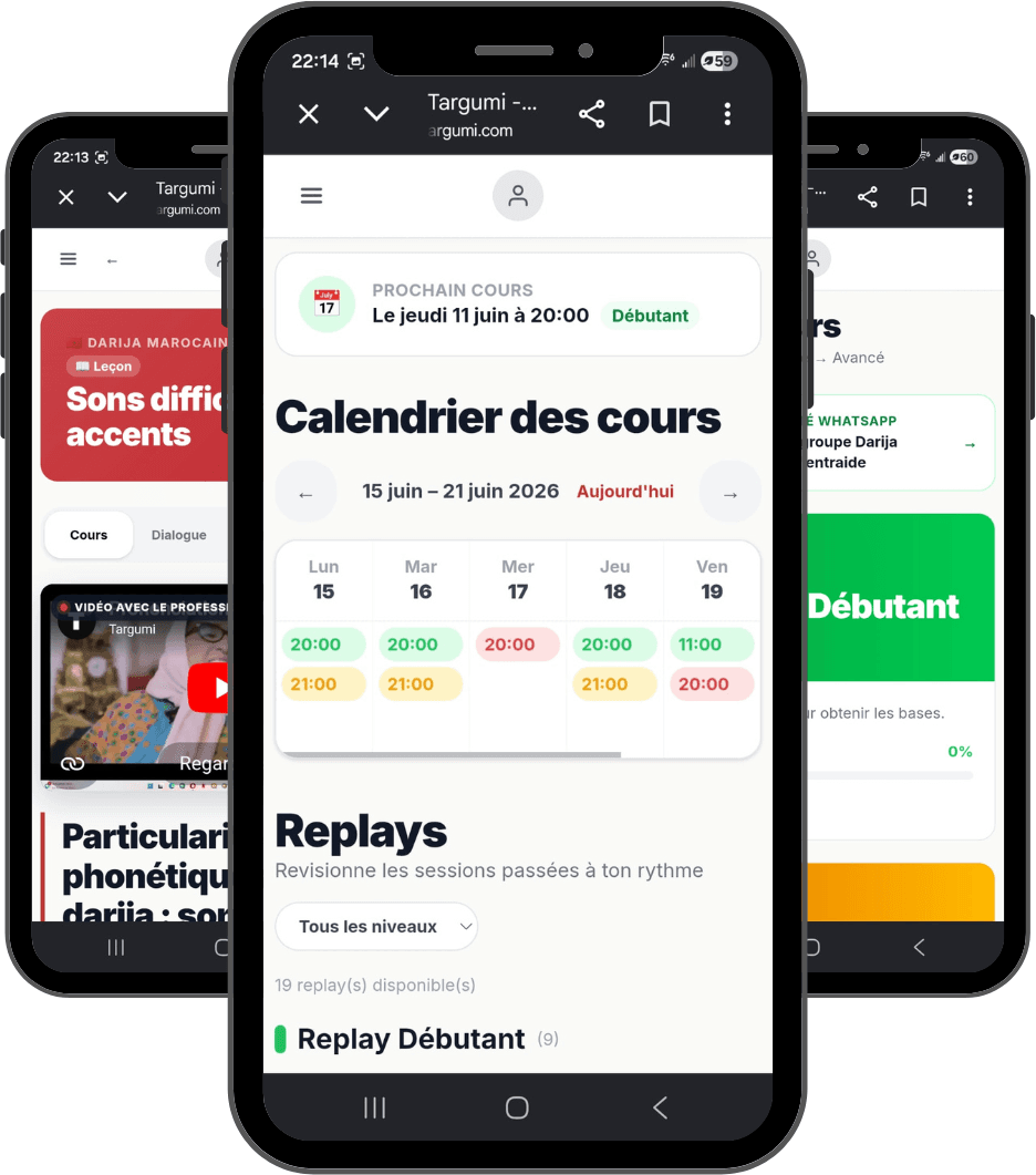 L'app mobile Targumi sur trois écrans : leçons, calendrier de cours et progression