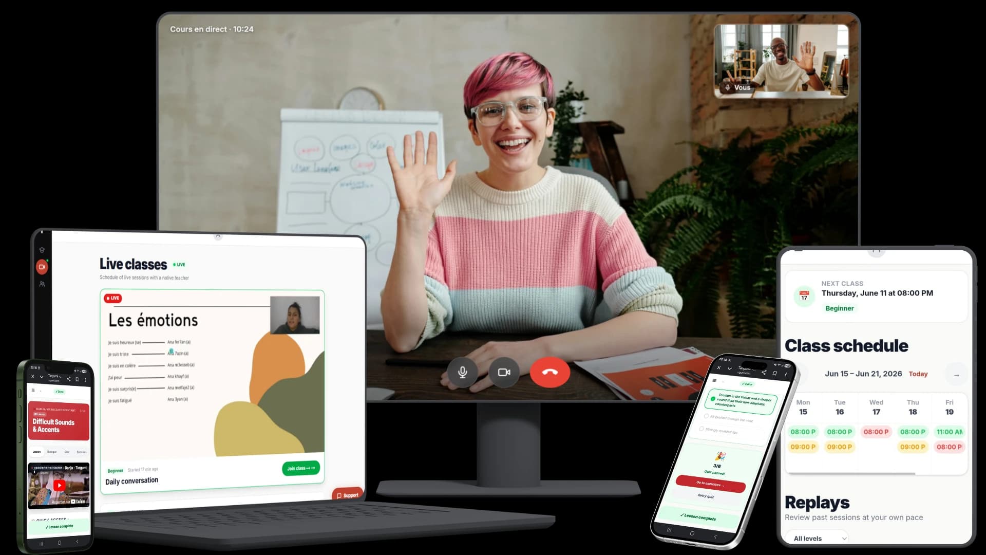 The Targumi platform on desktop, tablet and mobile: live classes, lessons, audio, exercises and class schedule